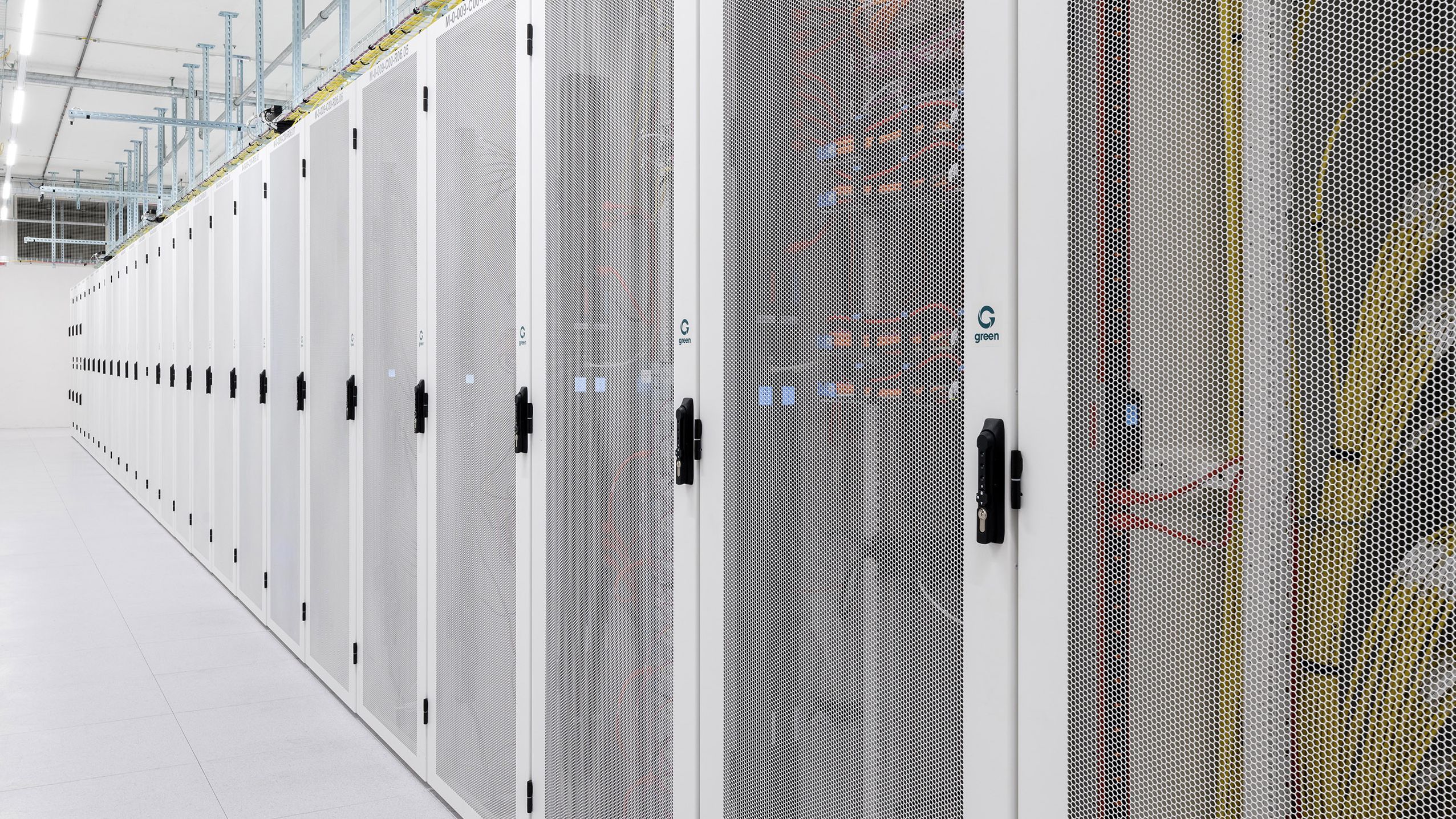 Green data center aisle with racks