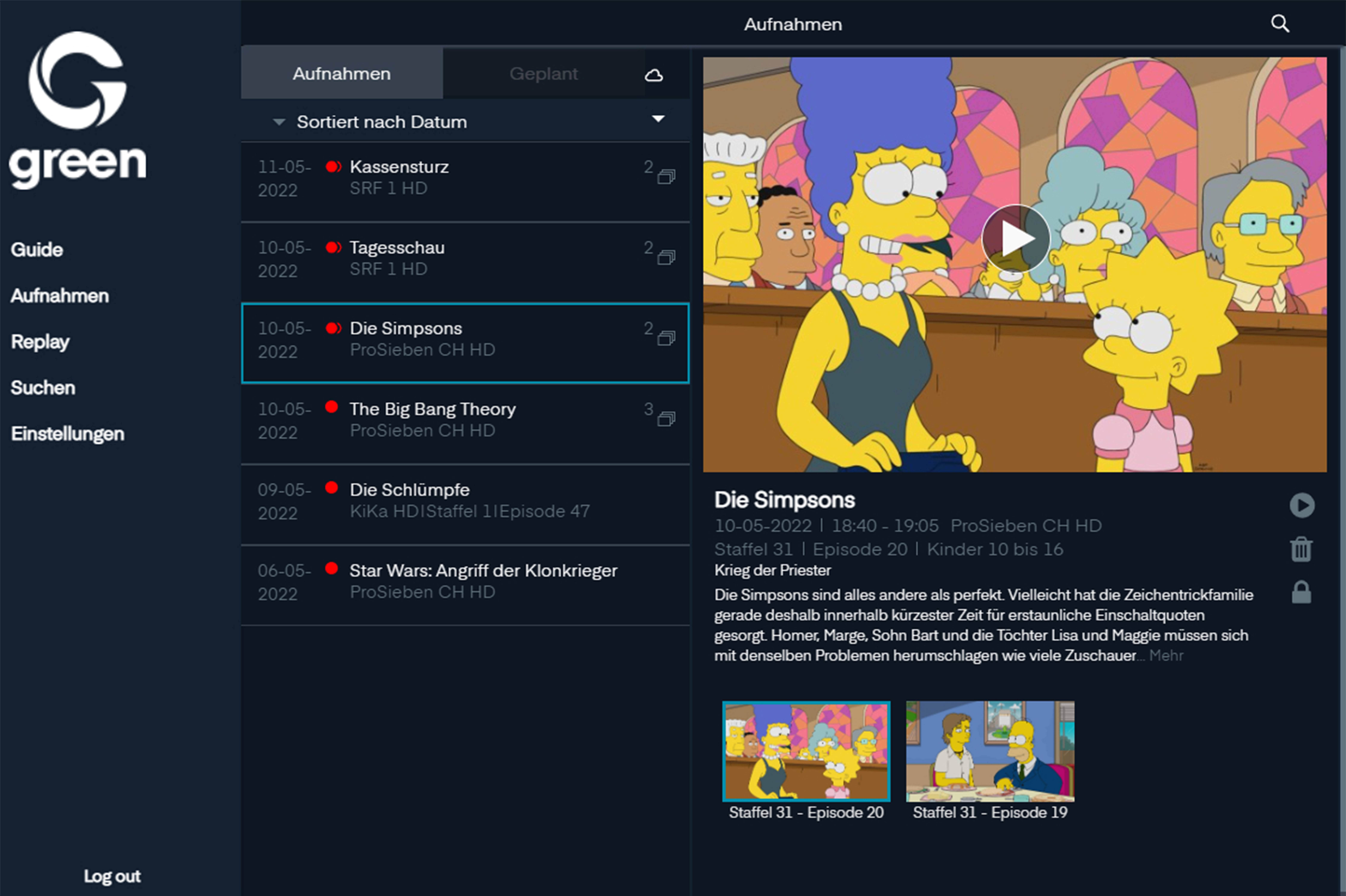Screenshot der das einfache Aufnehmen von Sendungen mit dem TV Abo von Green zeigt