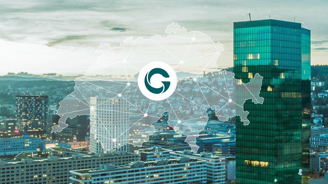 Panoramic view of Zurich with the church towers of Fraumünster and St. Peter in the foreground. Overlaid graphic lines and dots represent digital connectivity.