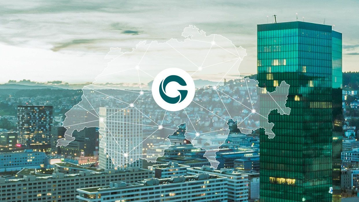 Panoramic view of Zurich with the church towers of Fraumünster and St. Peter in the foreground. Overlaid graphic lines and dots represent digital connectivity.